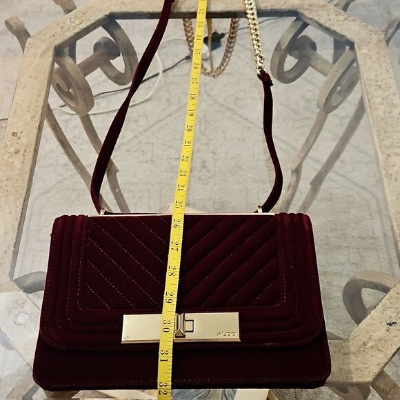 Aldo Burgundy & Gold Tone Velvety Croas Body Bag Purse - Picture 9 of 10